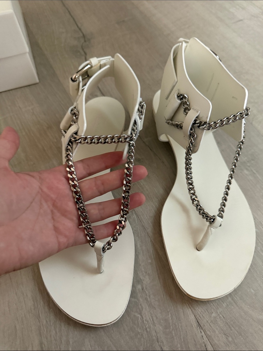 White Chain-Accent Casadei Women's T-Strap Sandals - Picture 17 of 17